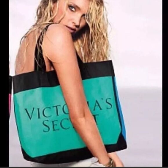 Victoria's Secret Green Blue Black Color Block Limited Edition Large Tote Bag - Picture 6 of 7